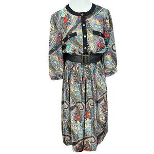 Vintage 80’s  Breli 2 Multicolored Paisley Satiny Secretary Dress 12